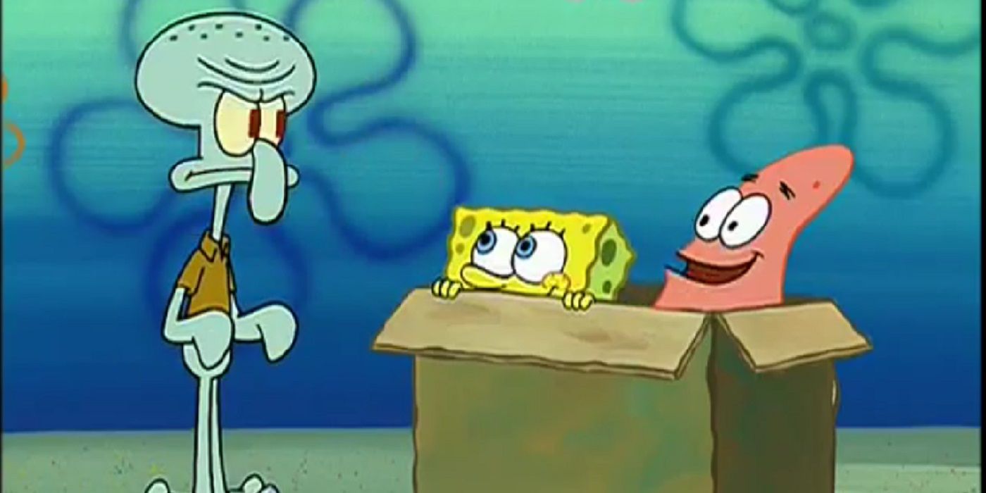 SpongeBob and Patrick in a box with Squidward.