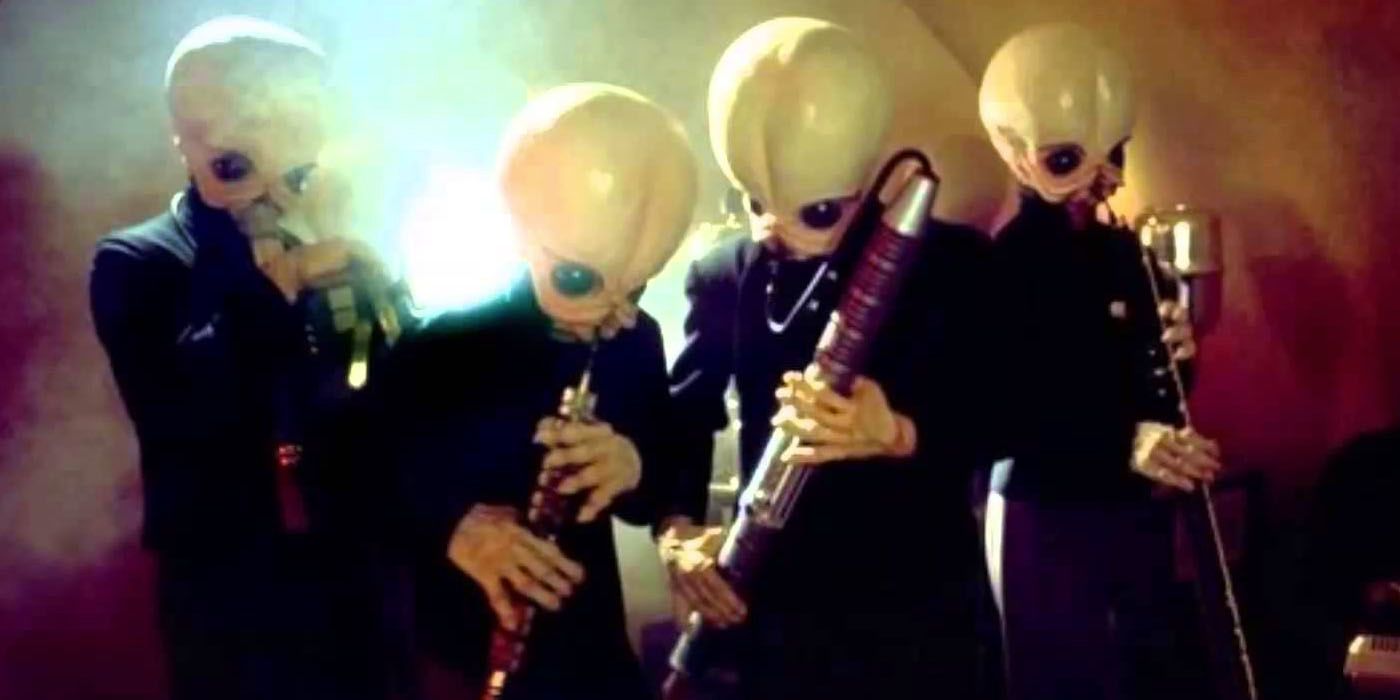 A group of Bith in the Cantina Band in Star Wars