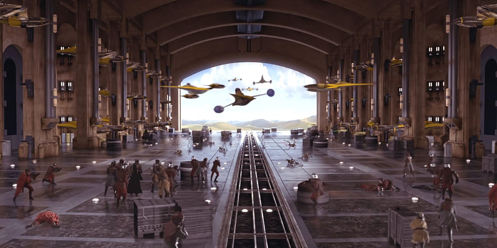 N-1 Starfighters take off from the Theed hangar during the Battle of Naboo in Star Wars The Phantom Menace.