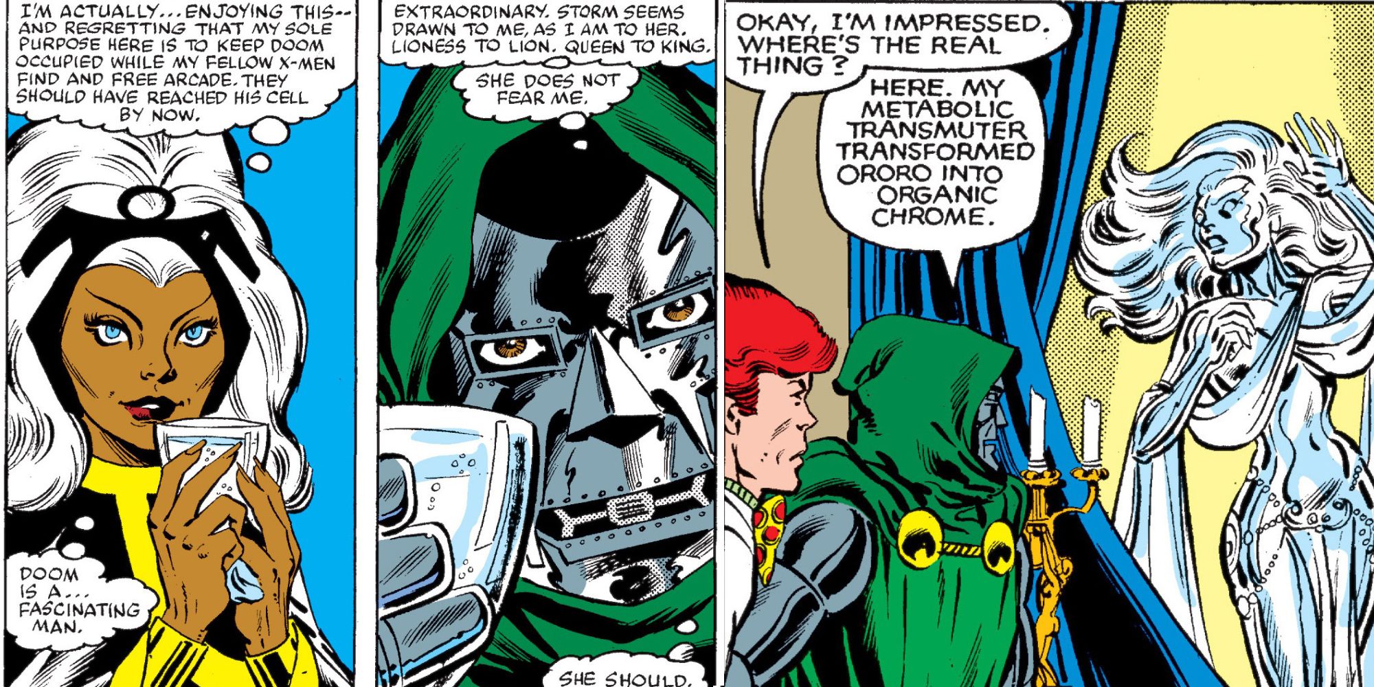 Storm shares a drink with Doctor Doom in X-Men comics.