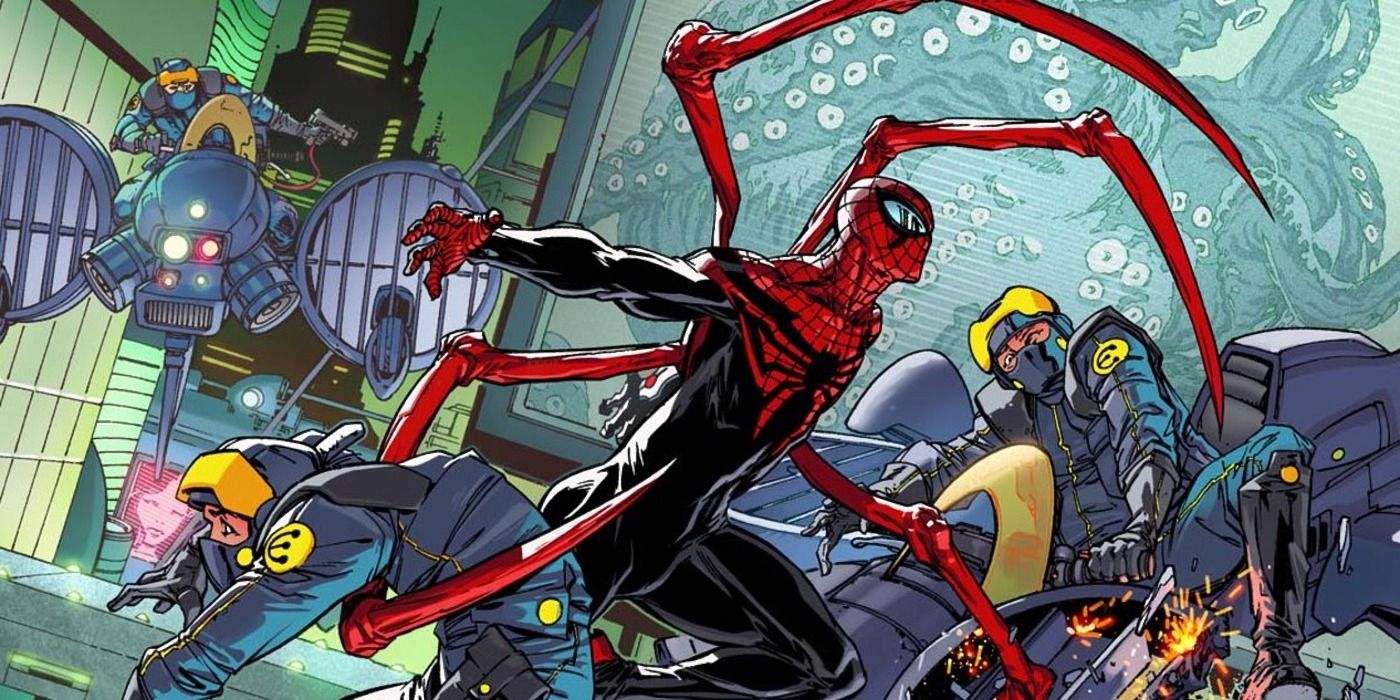 Superior Spider-Man fighting off enemies using his extra mechanical arms.