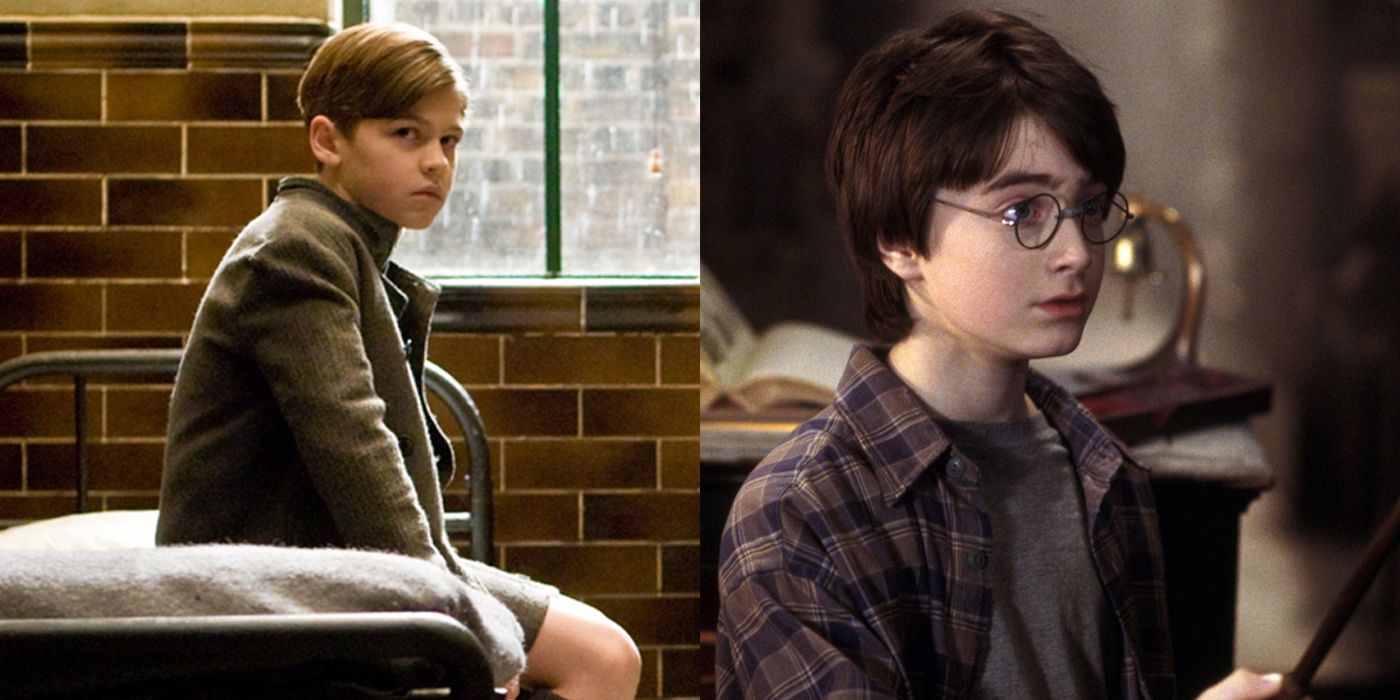 A young Tom Riddle sits on a bed & Harry Potter stares into the distance