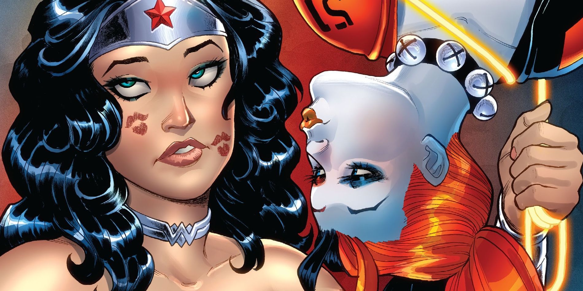 Wonder Woman rolls her eyes as Harley Quinn kisses her cheek in DC Comics