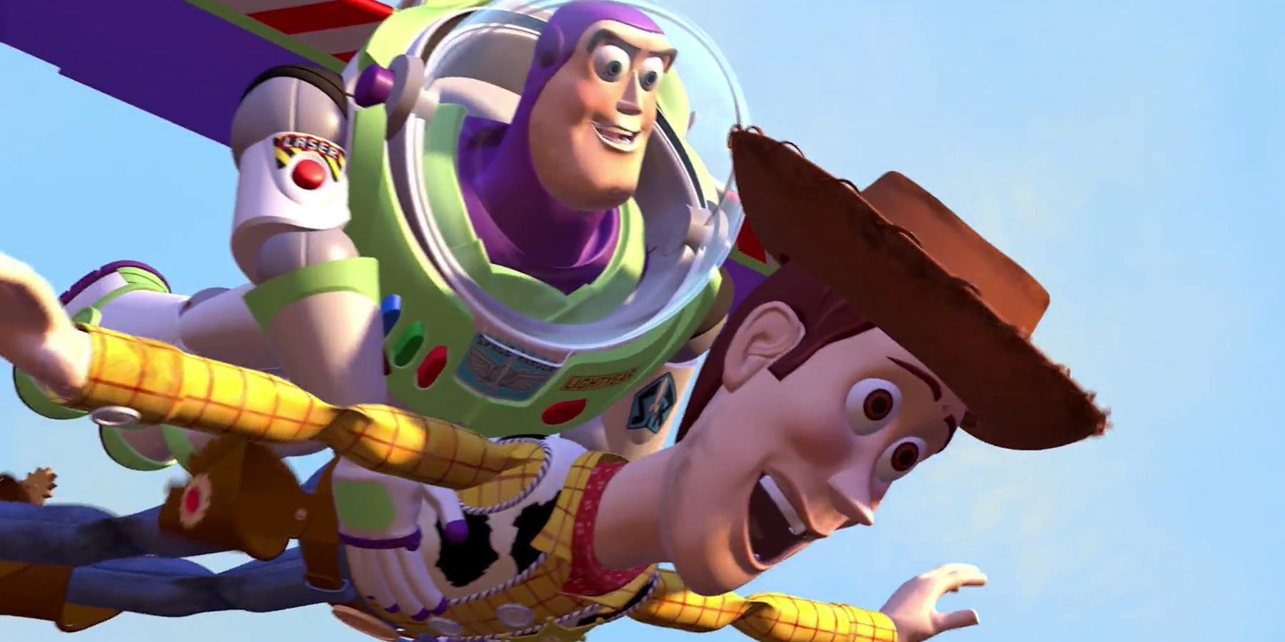 Buzz carries Woody while flying in Toy Story