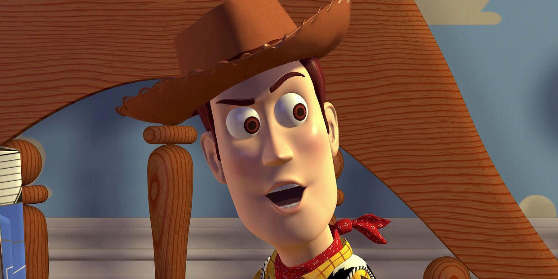 Woody looks angry in andy's room in Toy Story