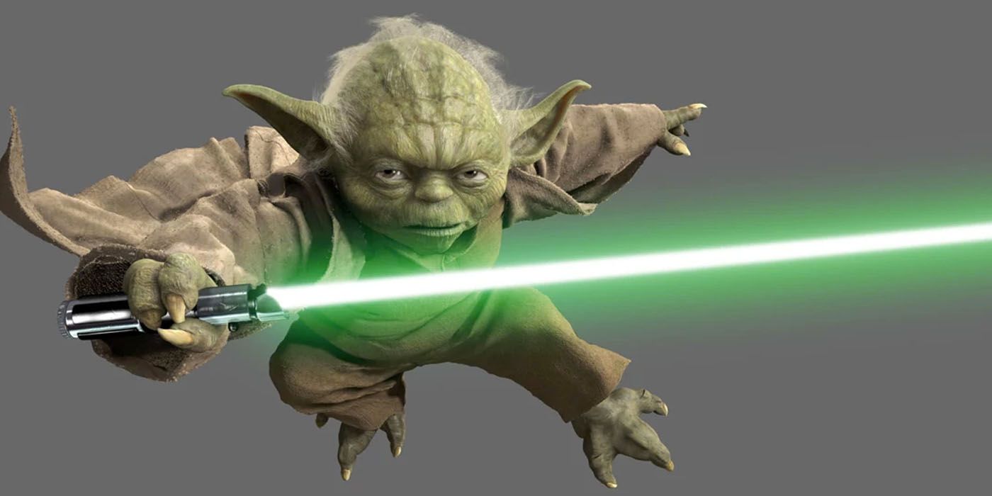 Yoda with feet visible in Star Wars prequels