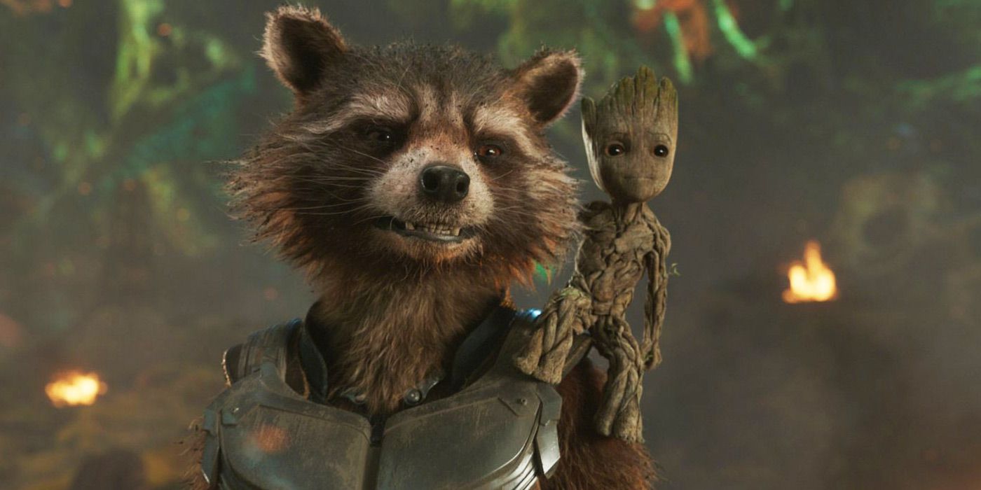 Baby Groot on Rocket Racoon's shoulder in Guardians of the Galaxy Movie
