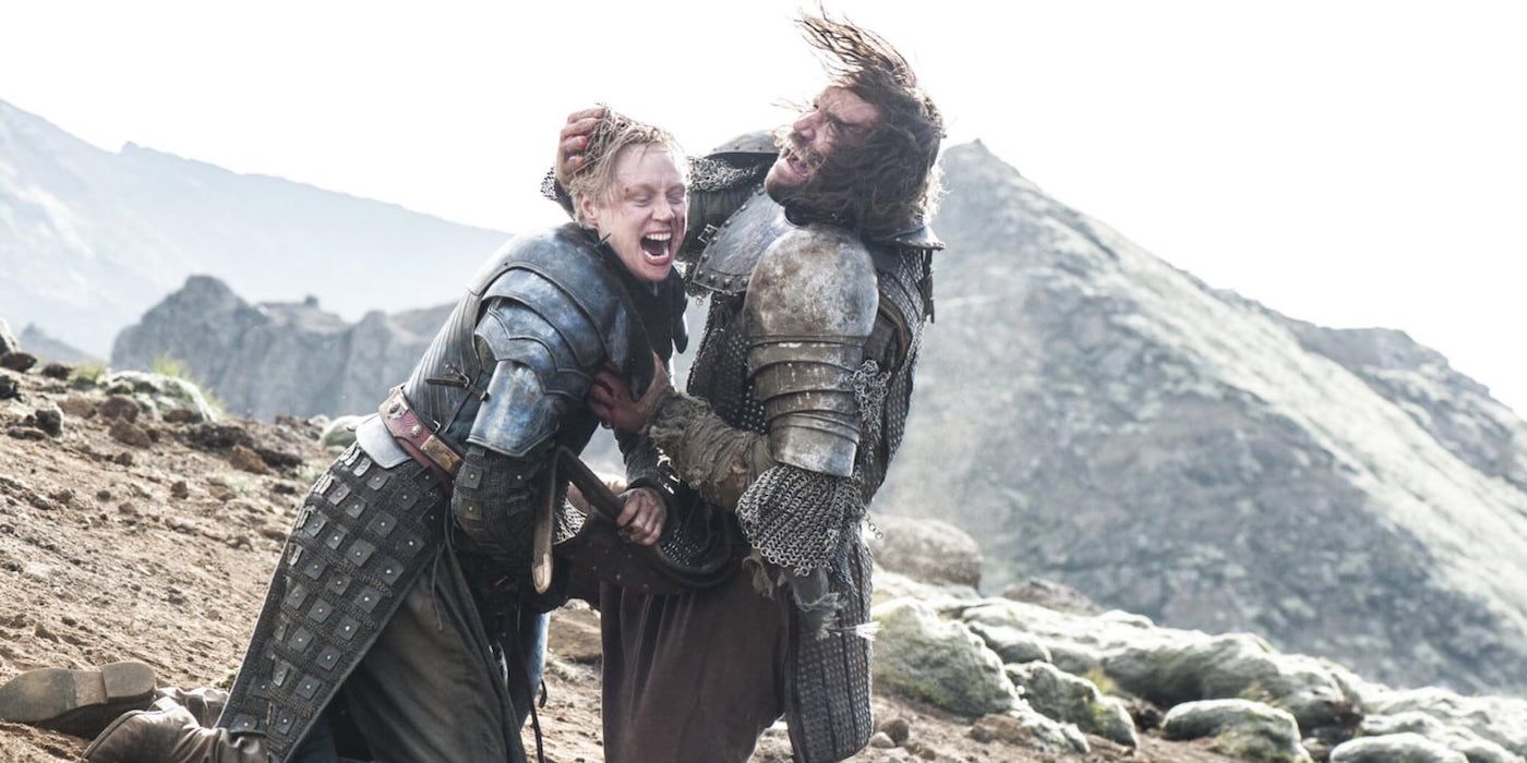 Game of Thrones Gwendoline Christie Brienne of Tarth fights Rory McCann the Hound Sandor Glegane