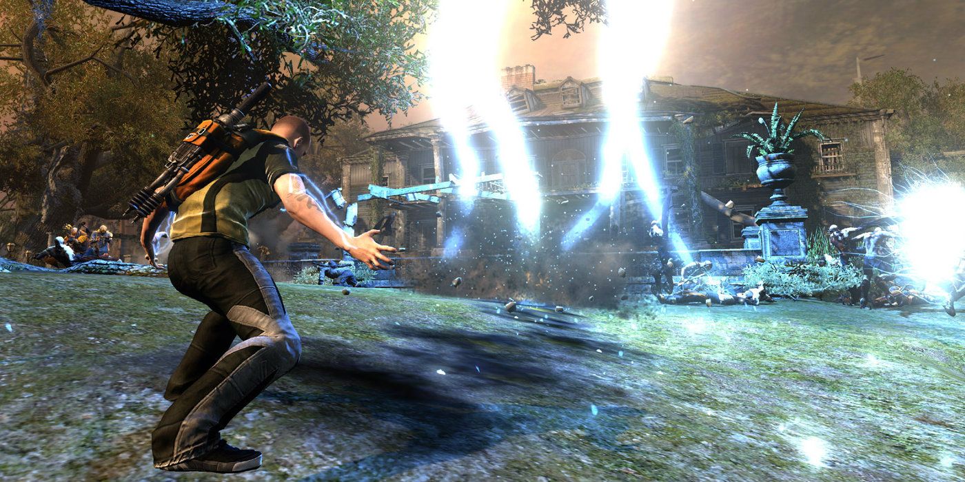 Cole bringing down lightning strikes on enemies in Infamous 2.