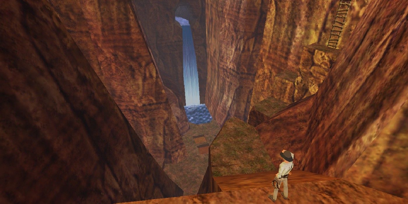 Indiana Jones looks into a canyon in Indiana Jones and the Infernal Machine