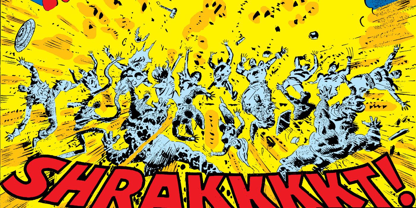 An image of the Marvel roster getting caught in an explosion in Secret Wars comic. 