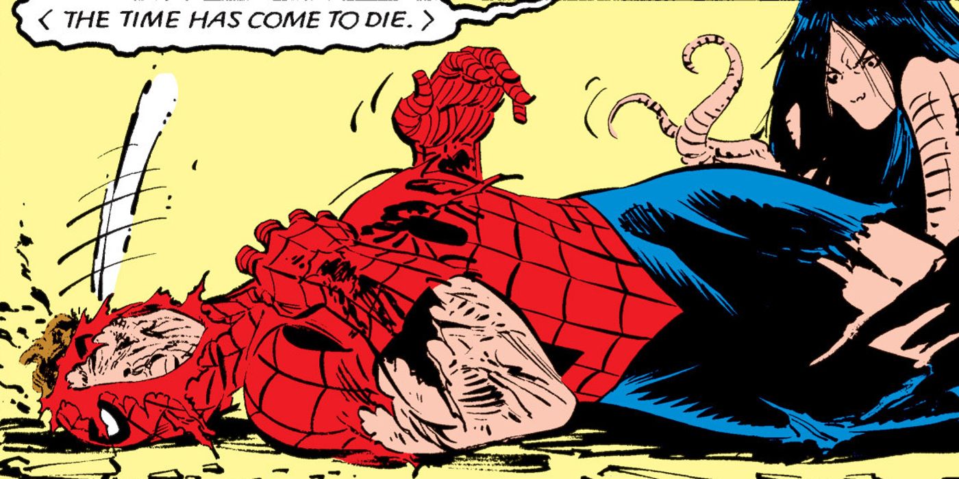 Spider-Man dies after being crucified by Kulan Gath in Uncanny X-Men #191 