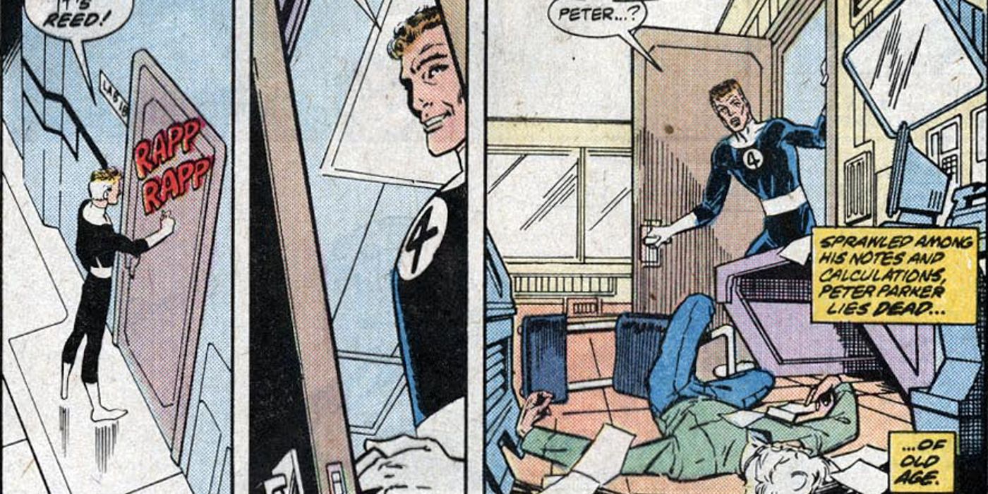 Abandoned by the symbiote suit, Peter dies of old age in What If? Vol. 2 #4