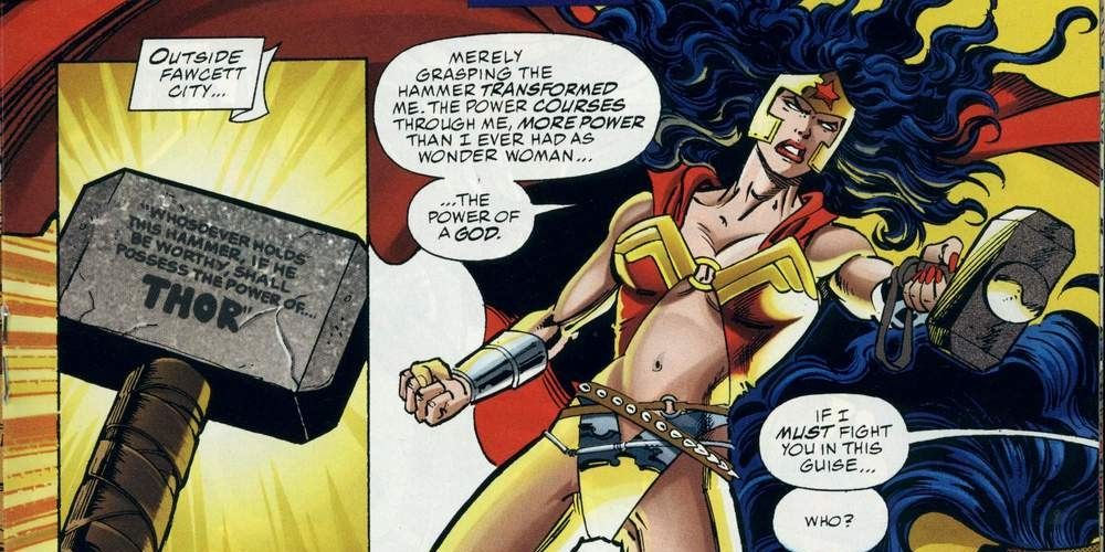 Wonder Woman mentioning that Mjolnir grants her immense power