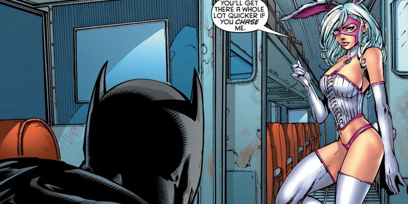Batman confronts the White Rabbit in a subway car.