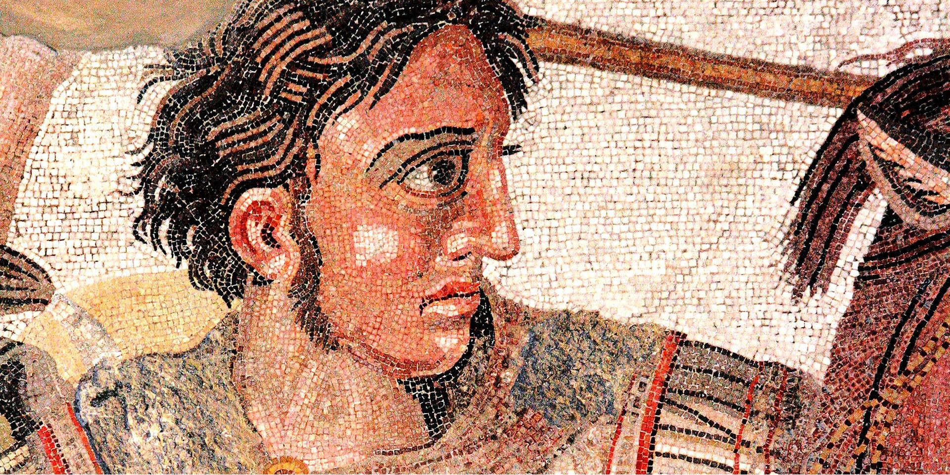 Close-up of Alexander the Great riding a horse on a mosaic from Pompeii