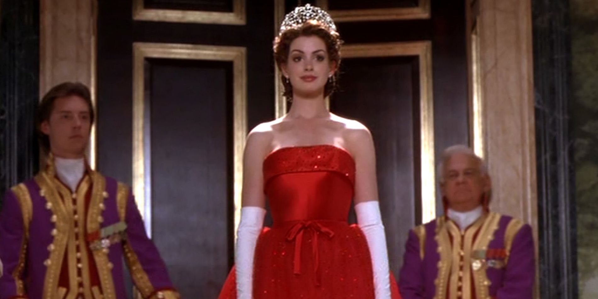 Mia wearing a red dress and tiara in Princess Diaries 2