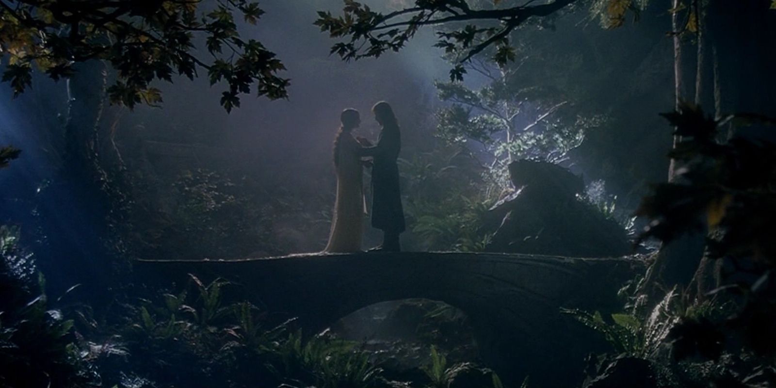 Aragorn and Arwen on a bridge in Lord of the Rings