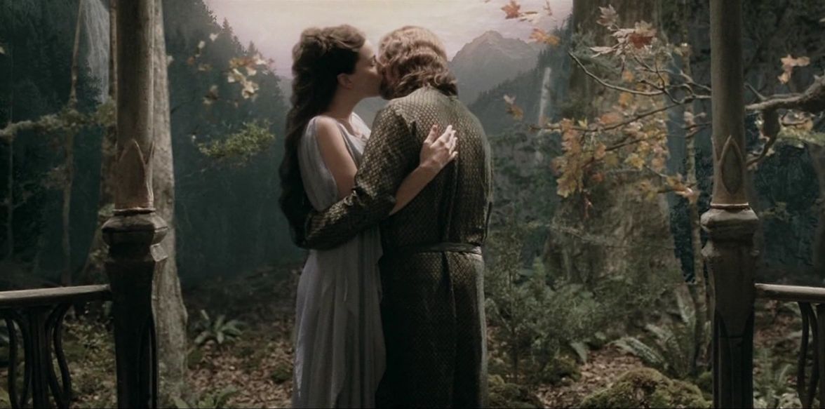 Aragorn embraces with Arwen during a dream of Rivendell in The Two Towers