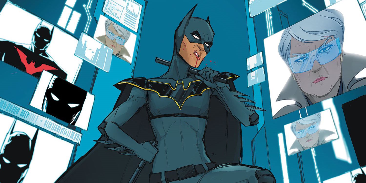 Batgirl Beyond spitting blood and holding a fighting cane with TV screens in the background.