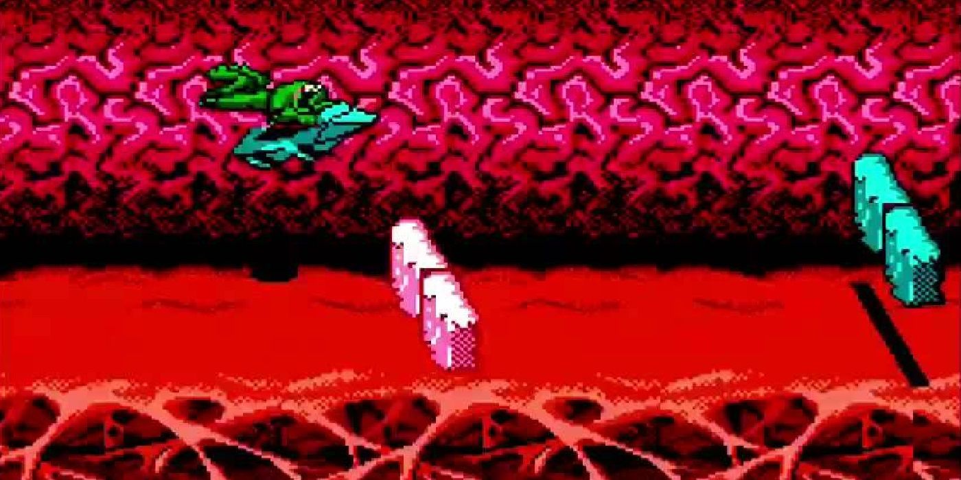 A toad jumps over walls during the Turbo Tunnels segment of Battletoads 