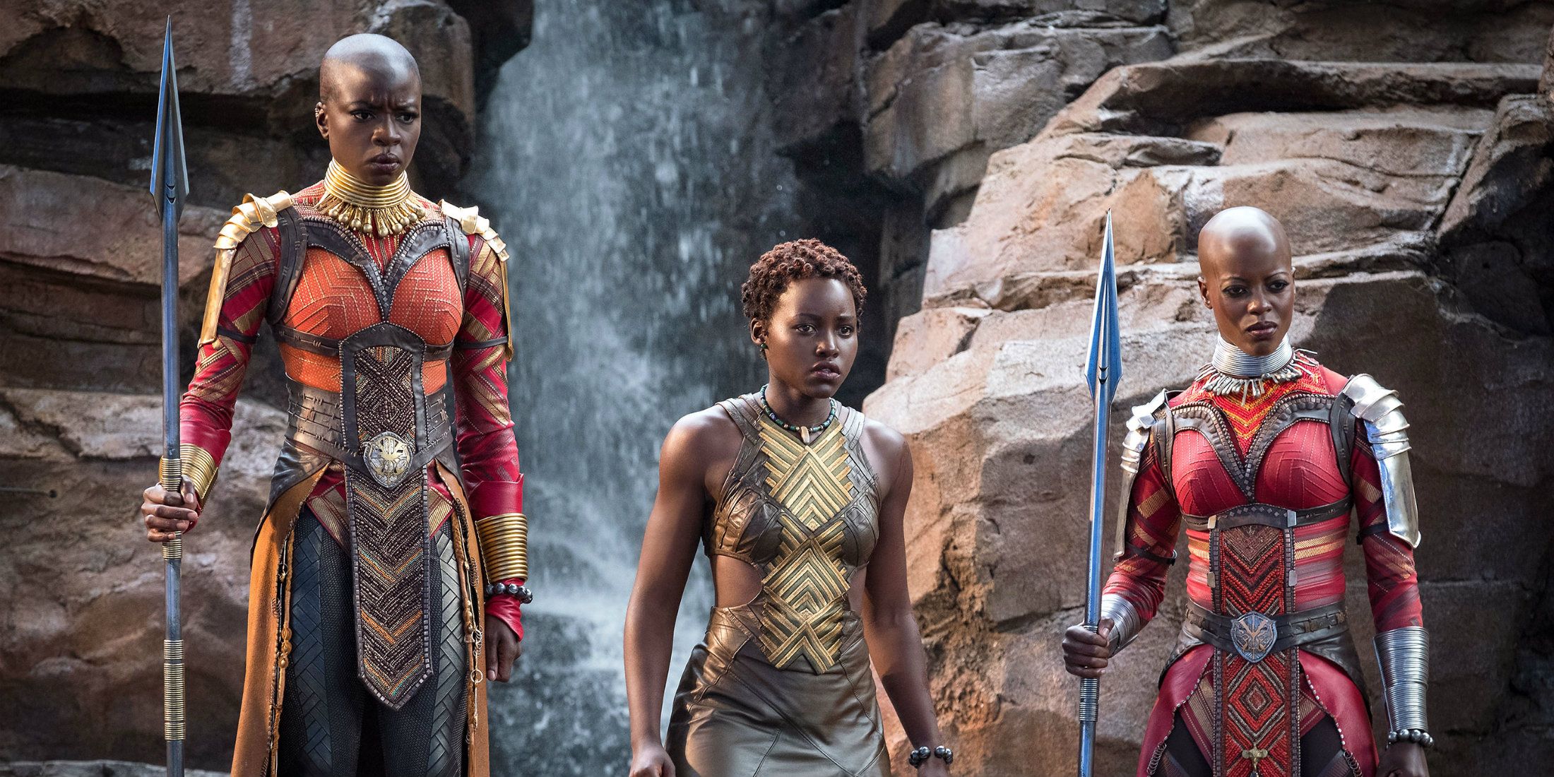 The Dora Milaje watch the fight between T'Challa and Killmonger