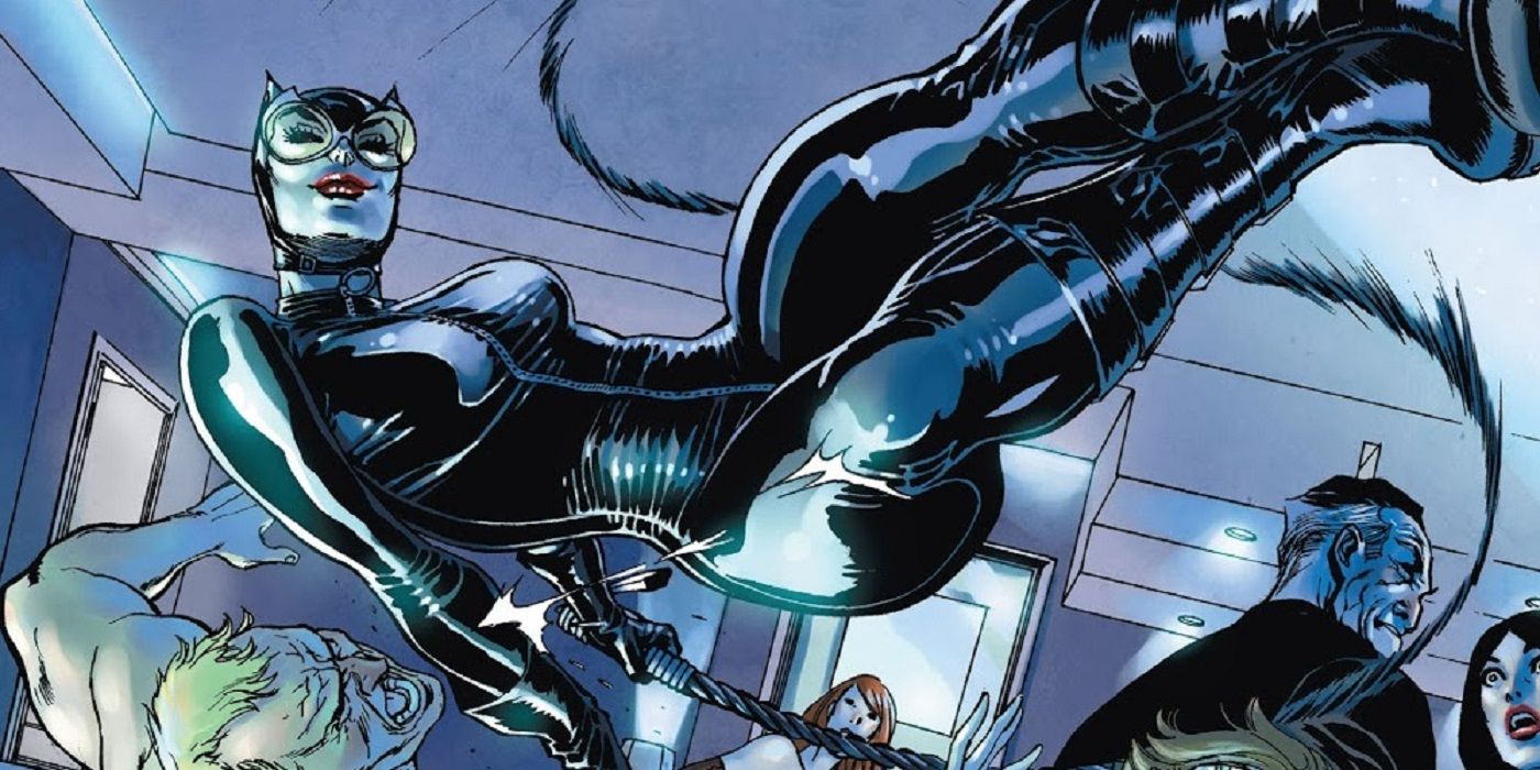 Catwoman jumping through a Russian club in DC Comics.