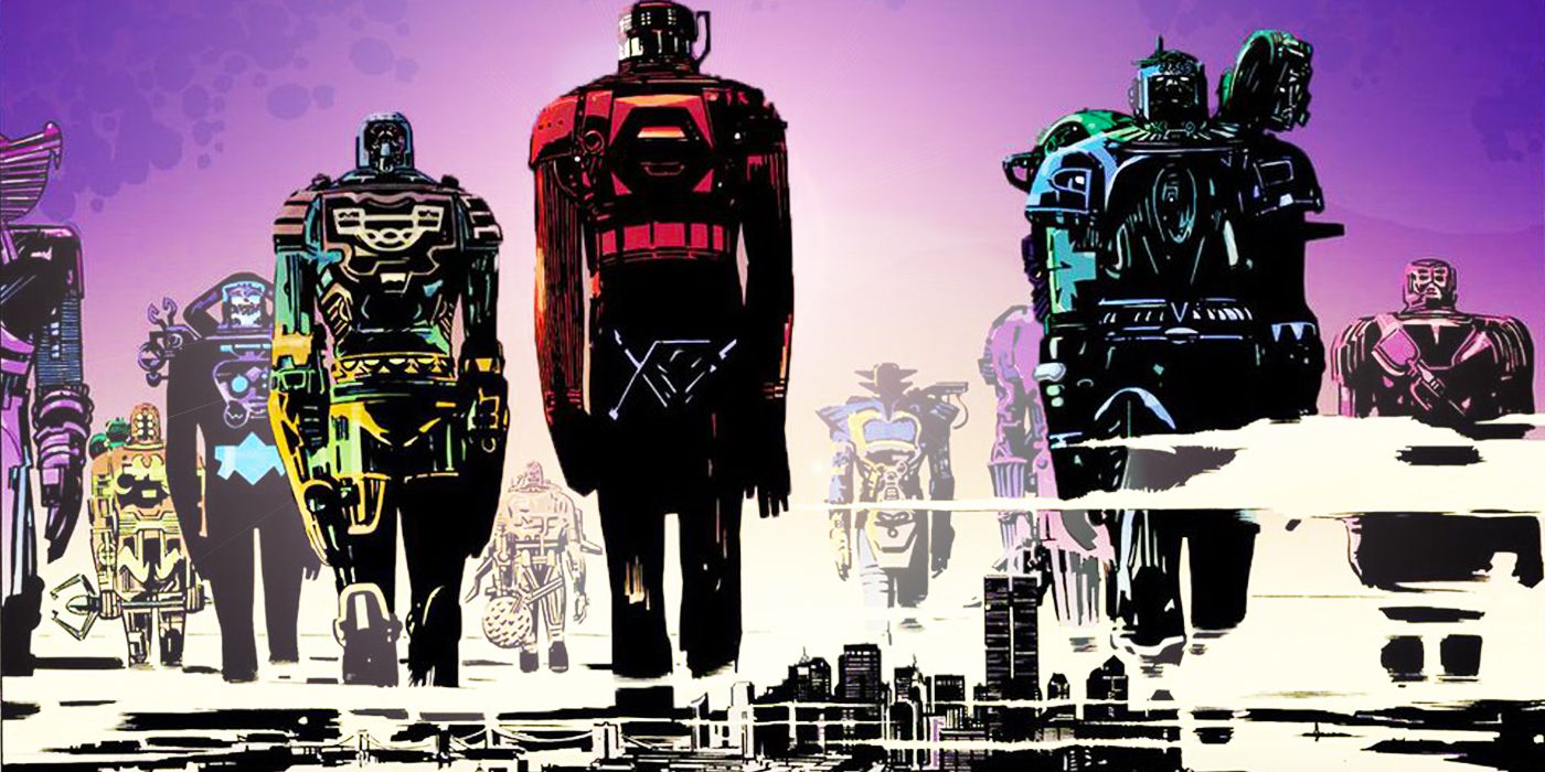 Celestials walking through city from Marvel Comics