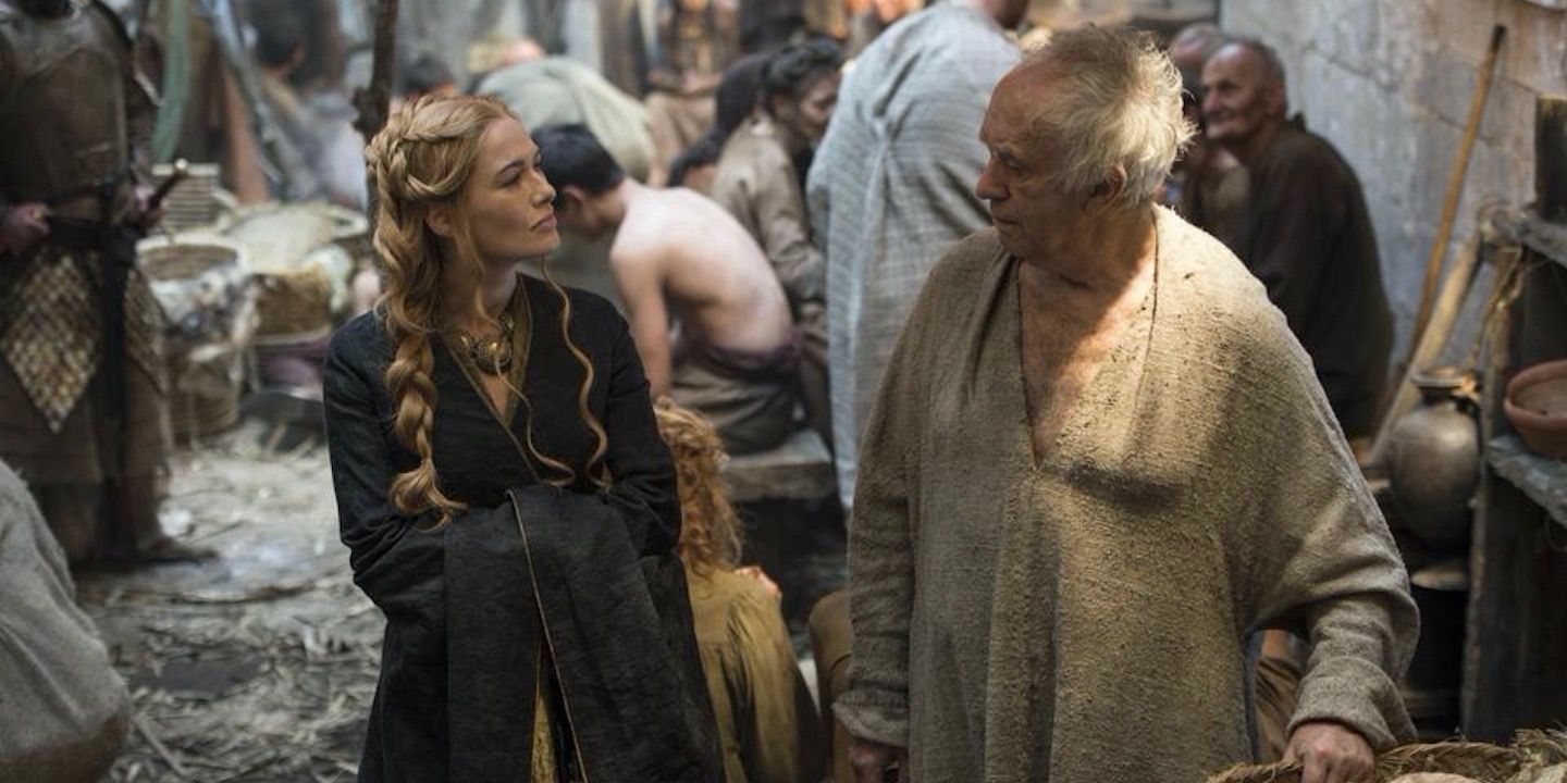 Cersei talking with the High Sparrow on the streets of Flea Bottom in Game of Thrones.