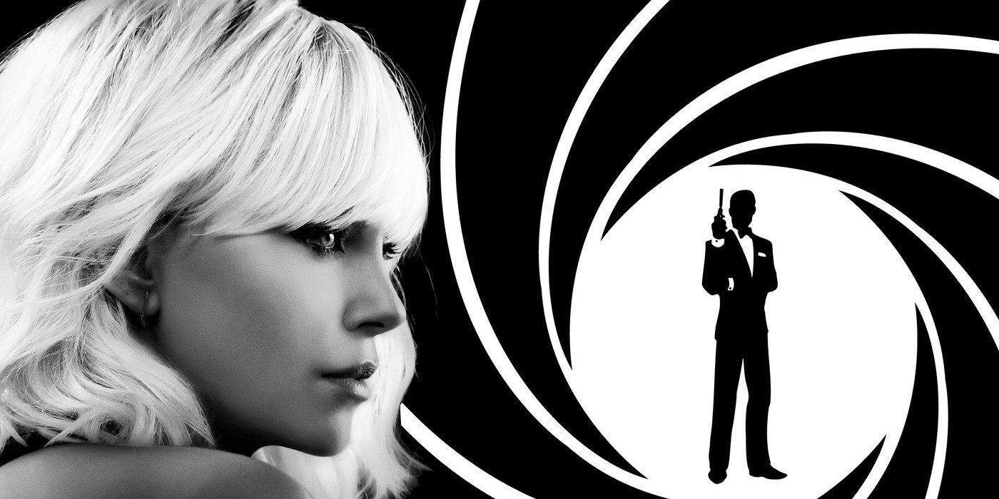 Charlize Theron looking sideways in Atomic Blonde and a view of James Bond through a gun's barrel hole