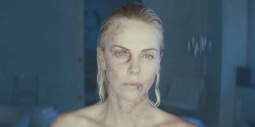 Lorraine Broughton (Charlize Theron) with a bruised and bloodied face in Atomic Blonde