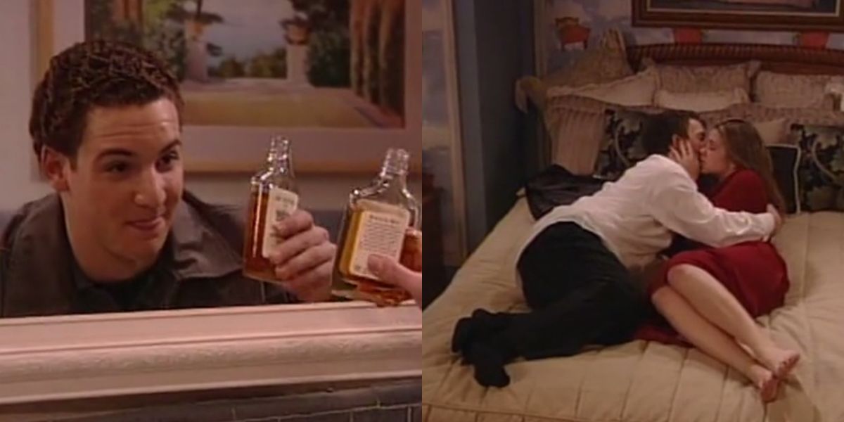Cory drinks and Cory and Topanga in bed in Boy Meets World
