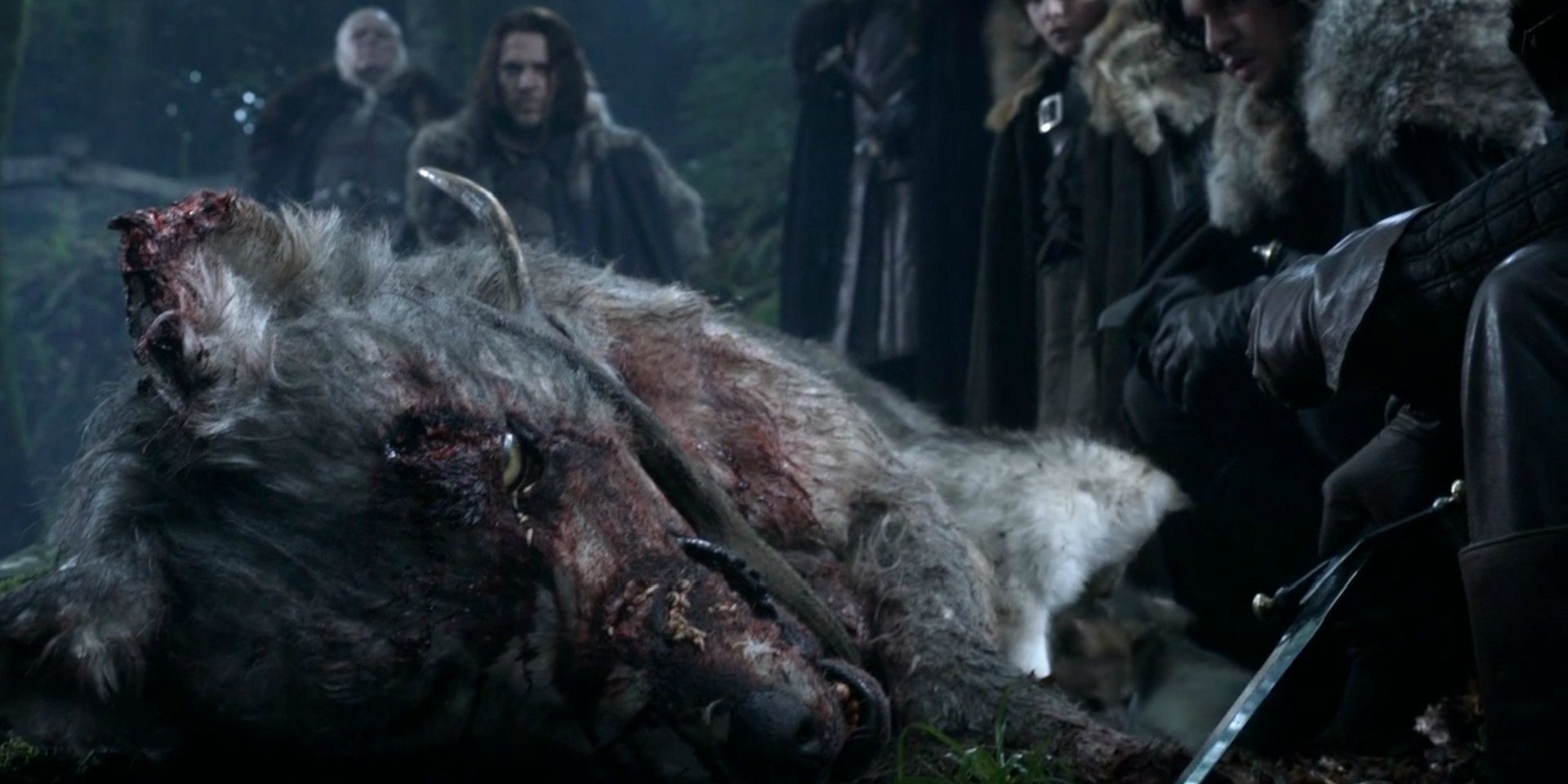 Ned and the Stark boys come across a dead direwolf killed by a stag in the Game of Thrones premiere