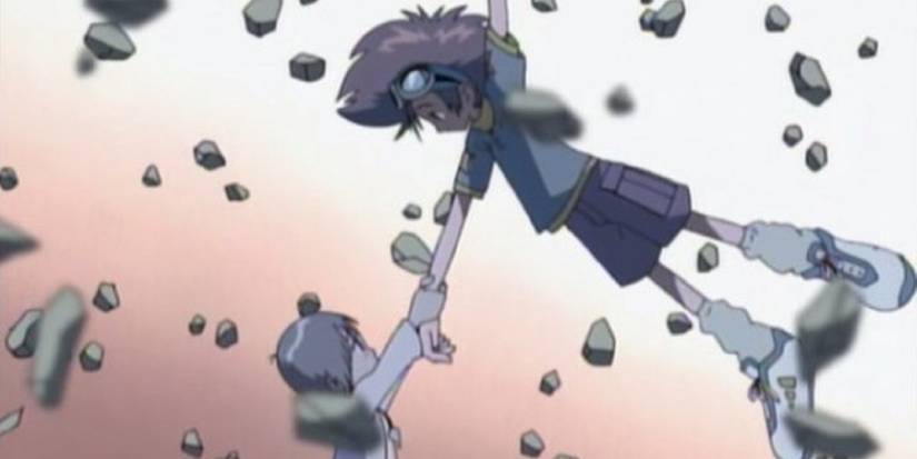 Digimon's Tai floats back to the Digital World while Kairi holds on to his hand.