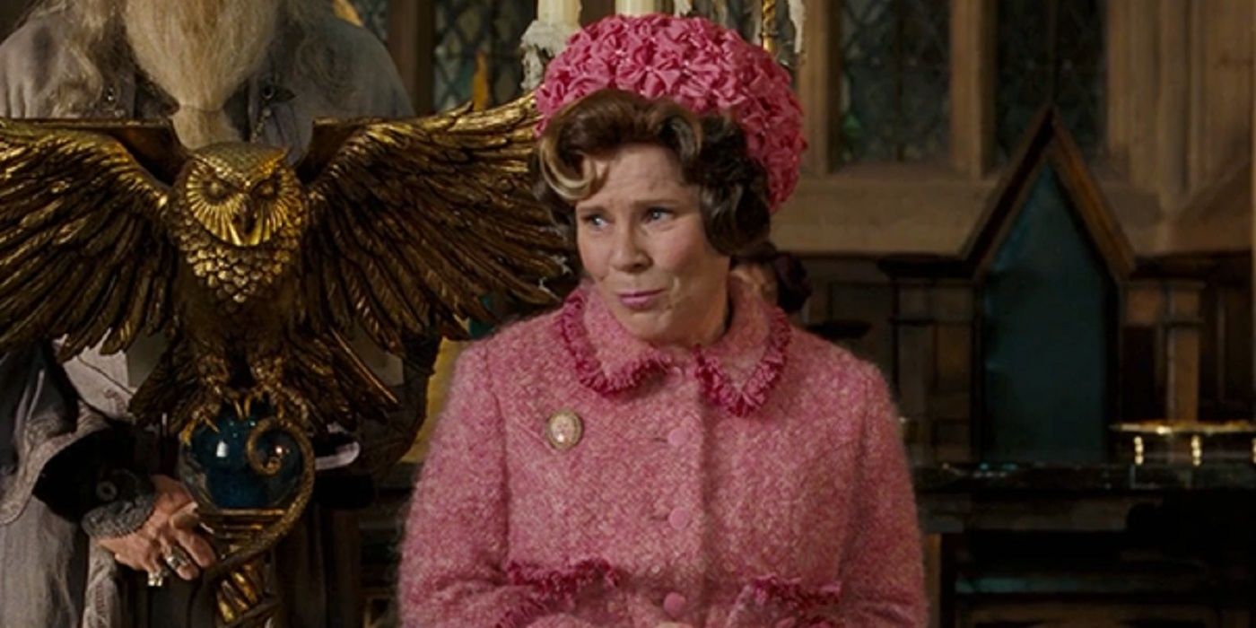 Umbridge in the Great Hall talking in Harry Potter and the Order of the Phoenix.
