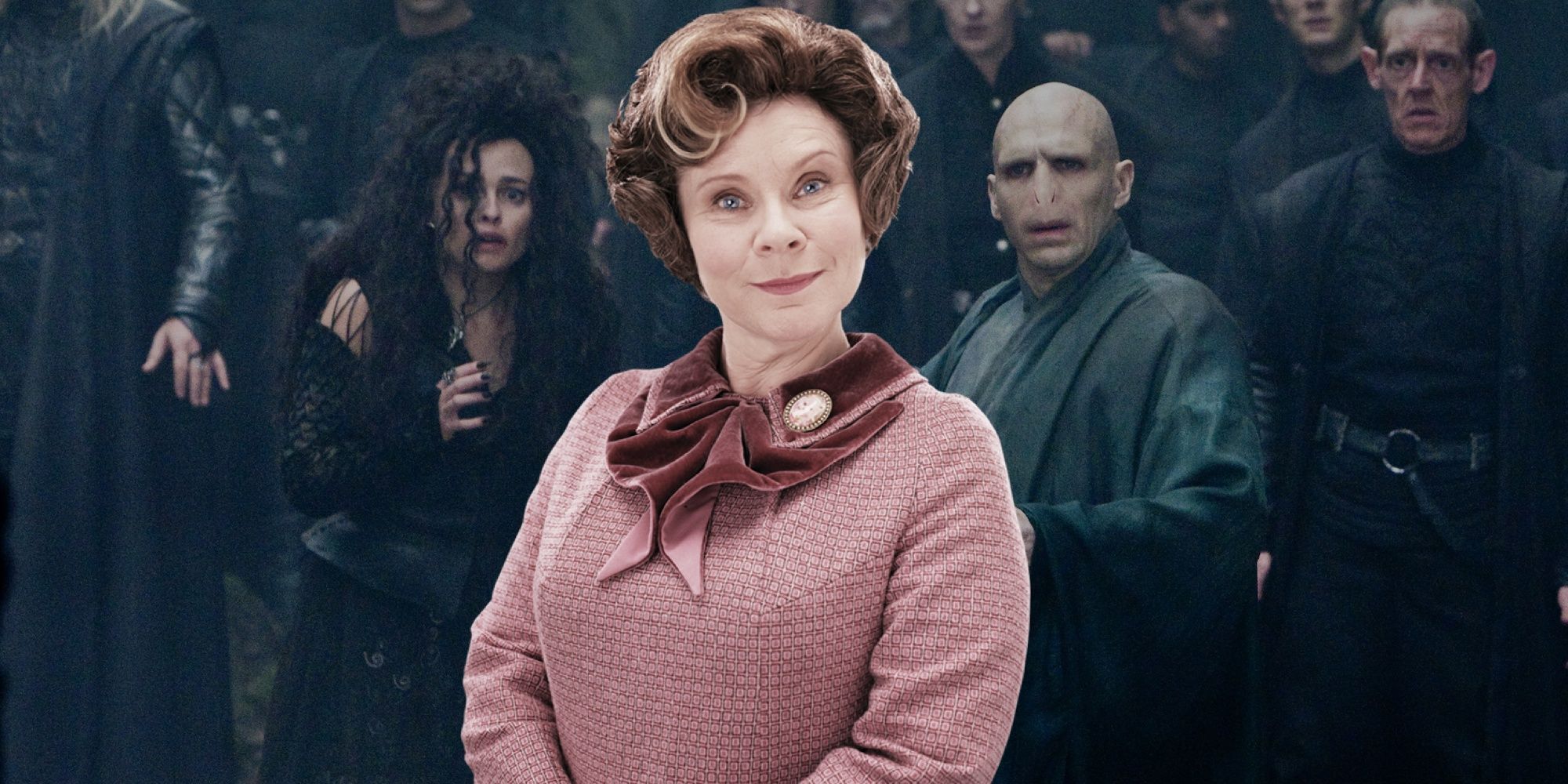 An image of Dolores Umbridge standing in front of the Death Eaters in Harry Potter