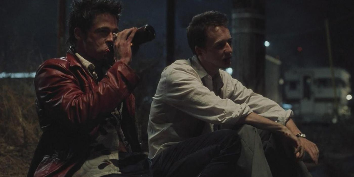 Tyler and the Narrator drinking outside a bar in Fight Club