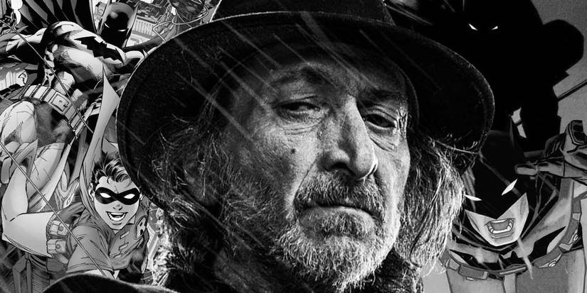 Frank Miller in front of Batman comic images.