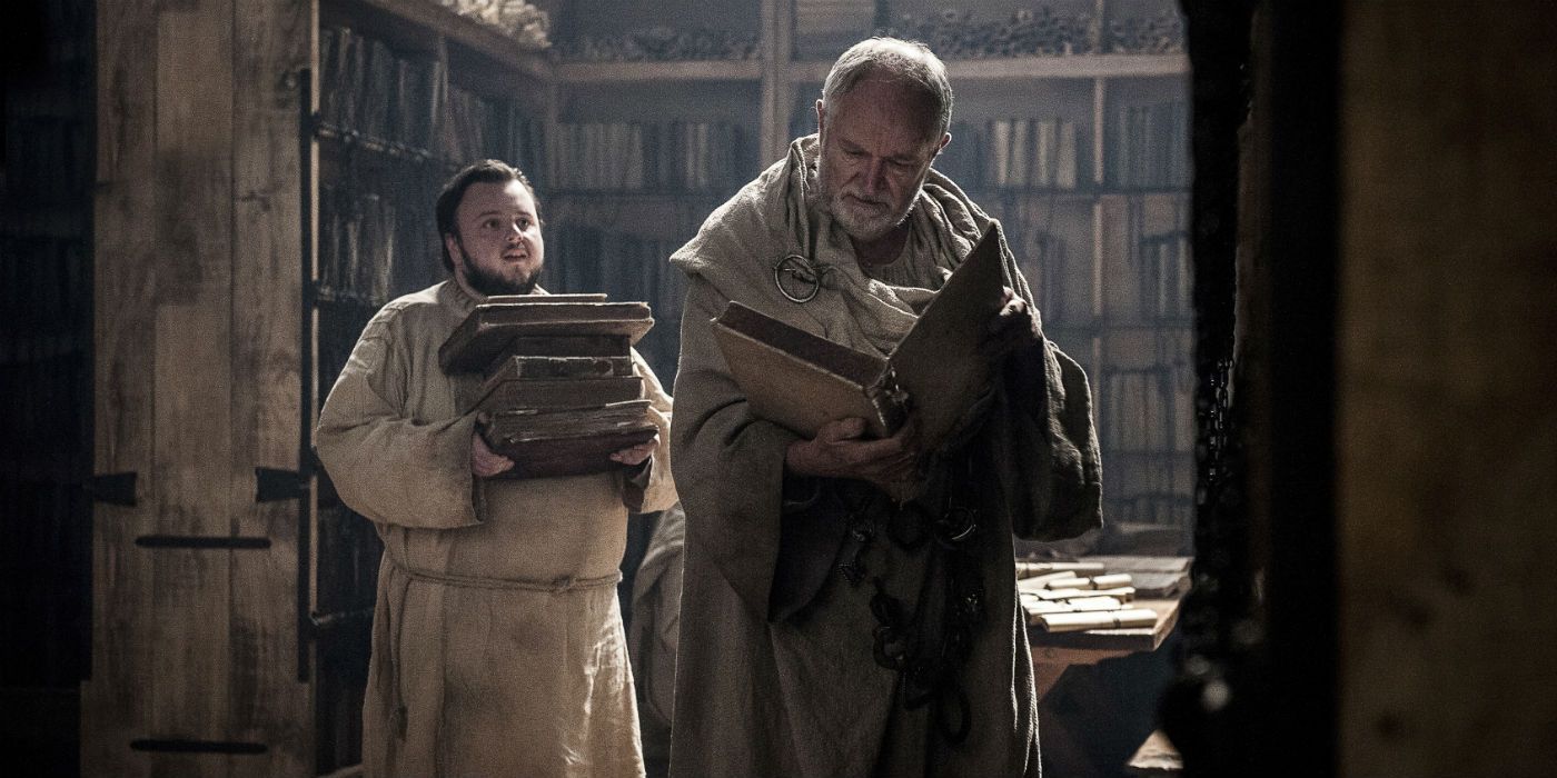 Samwell Tarly and Arhmaester Ebrose holding books in Game of Thrones