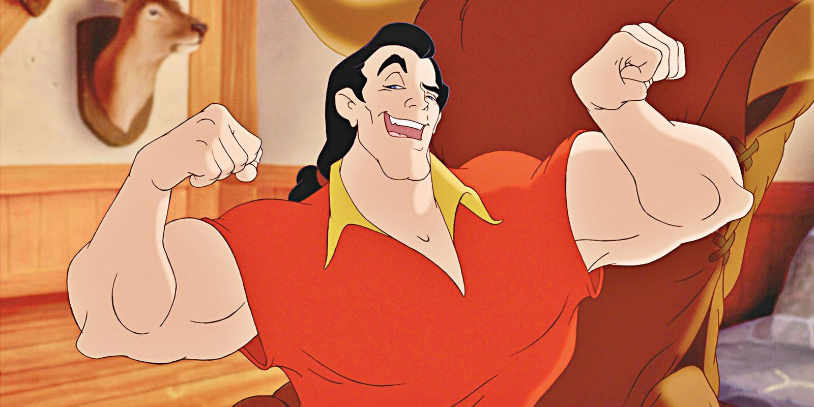 Gaston flexing his biceps in Beauty and the Beast