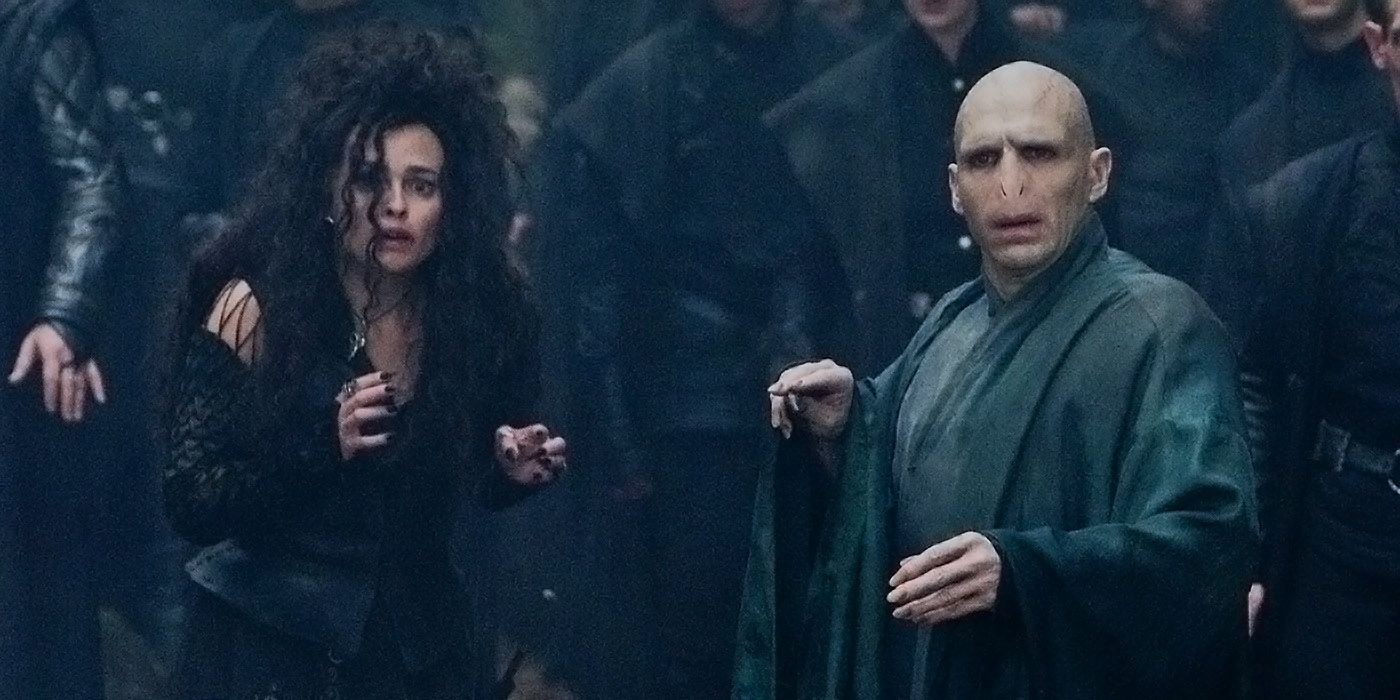 Bellatrix and Voldemort stand together in Harry Potter