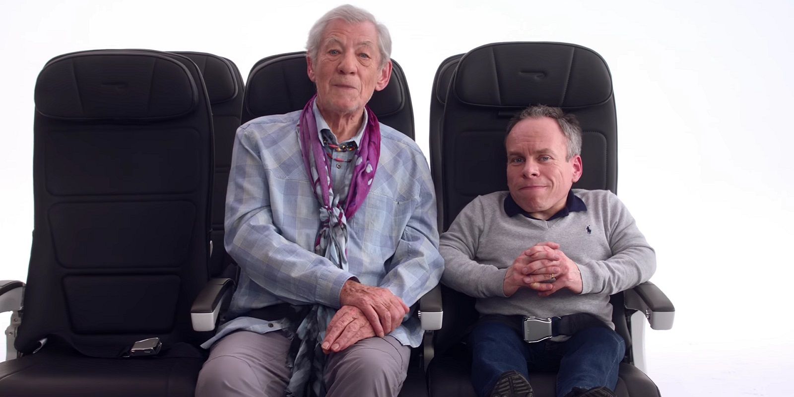 Ian McKellen and Warwick Davis in the new British Airways safety video