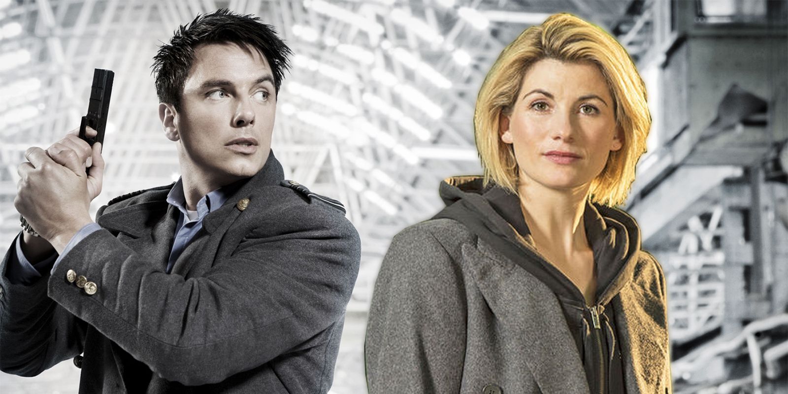 John Barrowman as Jack Harkness and Jodie Whittaker as the Doctor