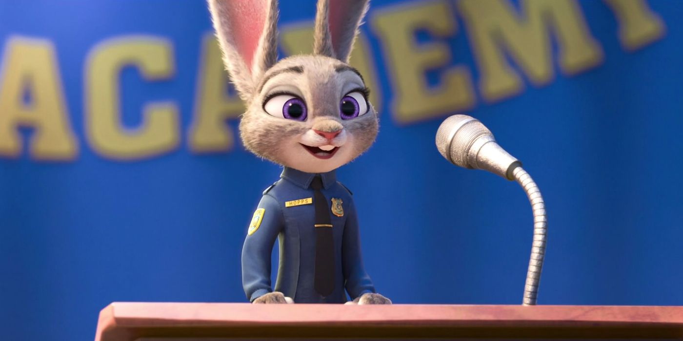 Judy Hopps talks on a microphone at a podium in Zootopia