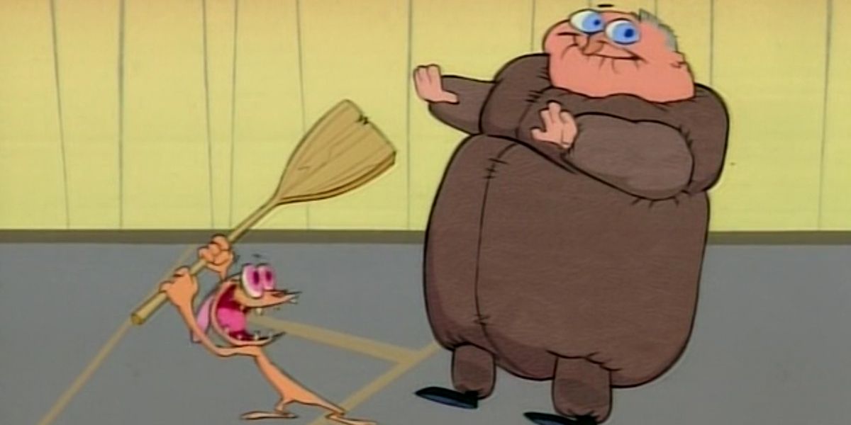 Ren attacking a man with a broom in Ren & Stimpy.