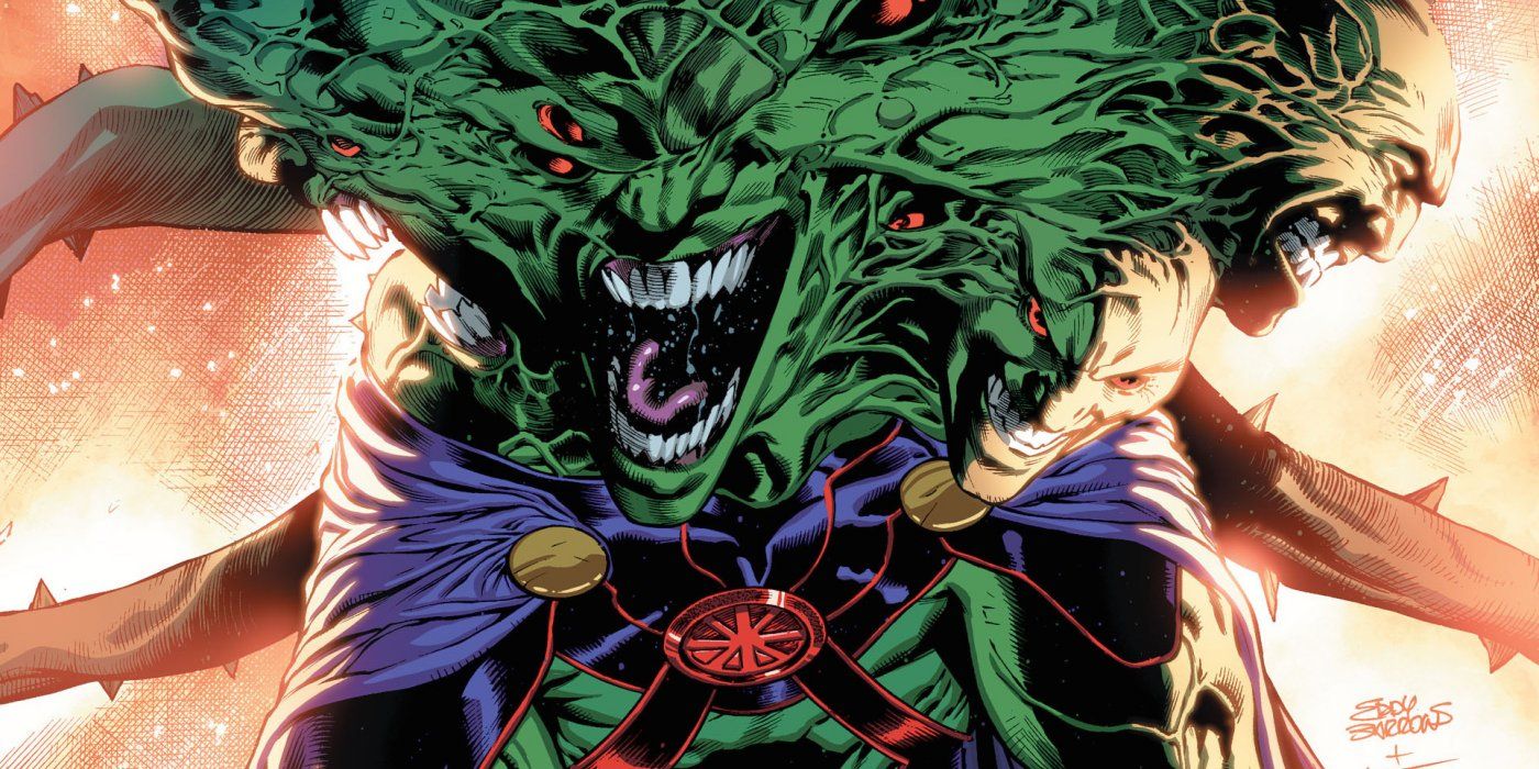 Martian Manhunter begins to transform into multiple versions of the character