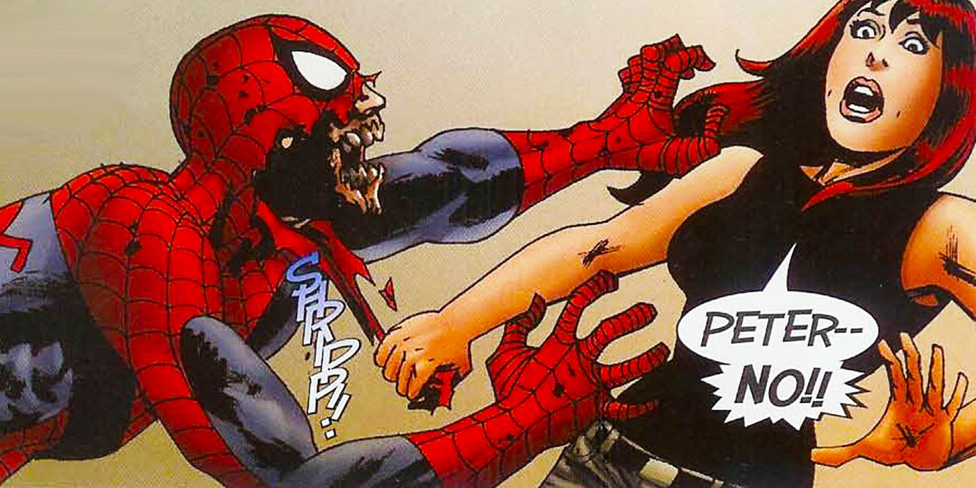 Zombie Spider-Man attacks Mary Jane in Marvel Comics.