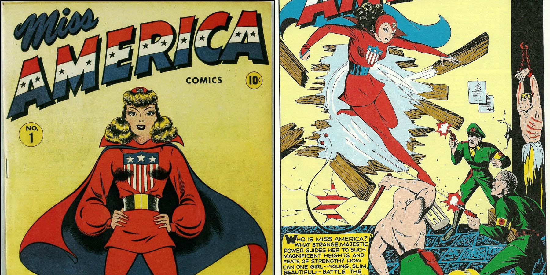 Split image of Golden Age Miss America comic book covers.