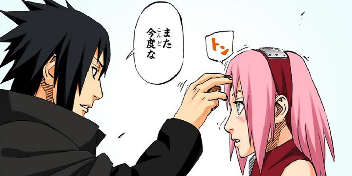 Sasuke pokes Sarada in the forehead in the Naruto manga