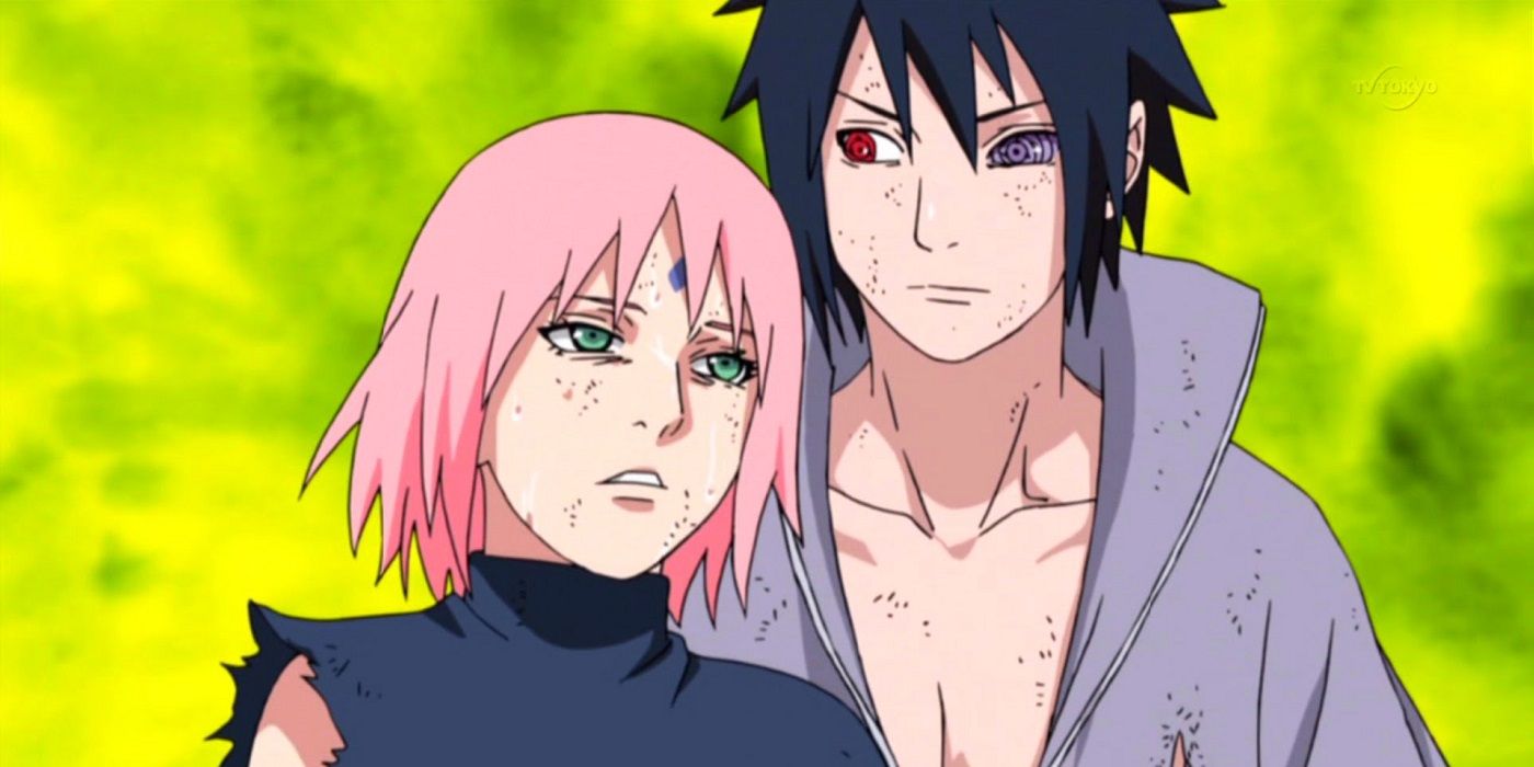 Sakura, injured and crying, while Sasuke supports her in Naruto